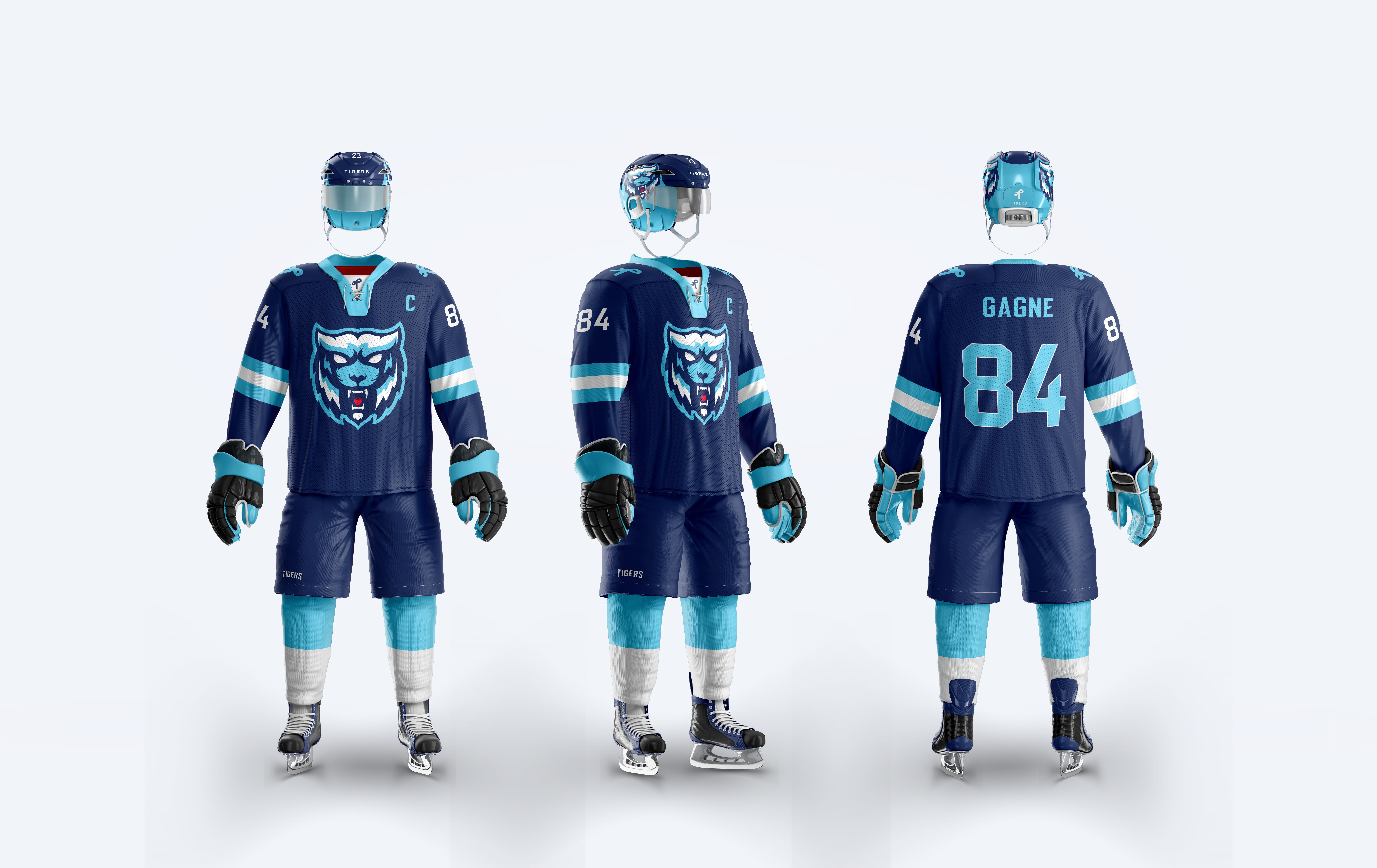 Hockey uniforms from three different angles